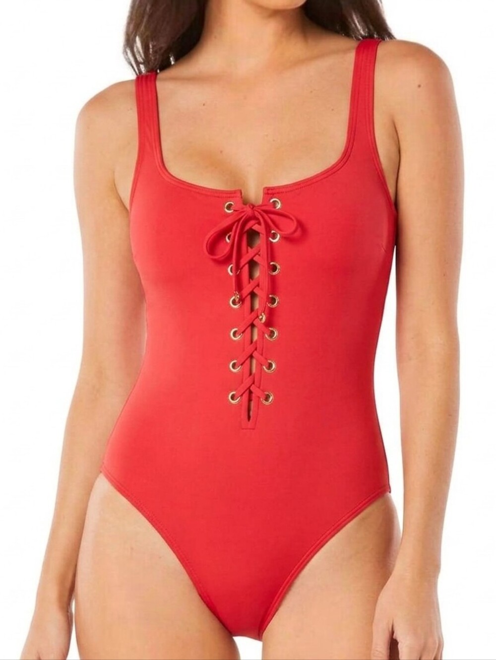 MICHAEL Michael Kors Red Lace Up One Piece Swimsuit Grommet Size 12 Coral Gold